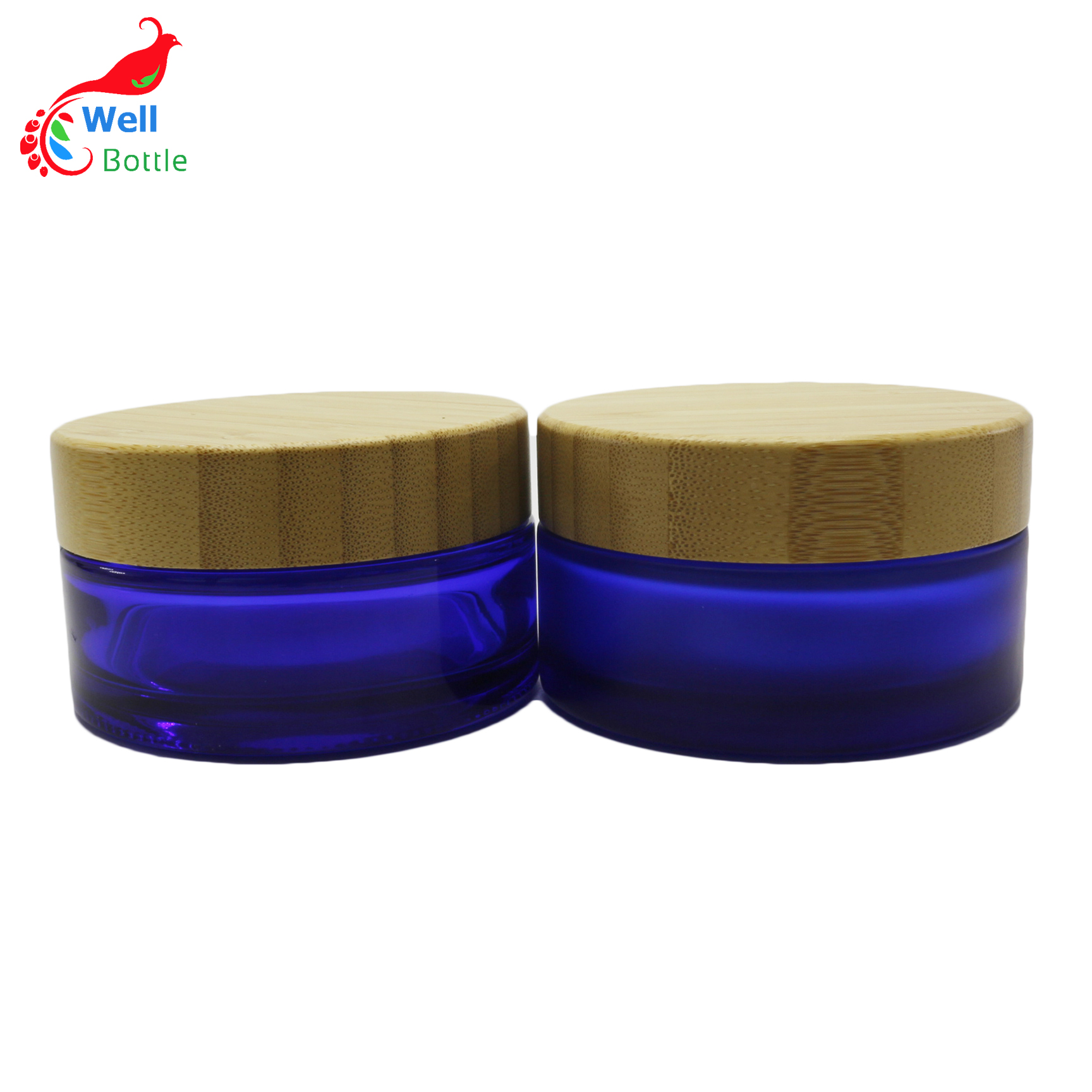 High quality frosted blue glass jars 30g 50g 100g natural skin care packaging contianer bamboo lids  J026E