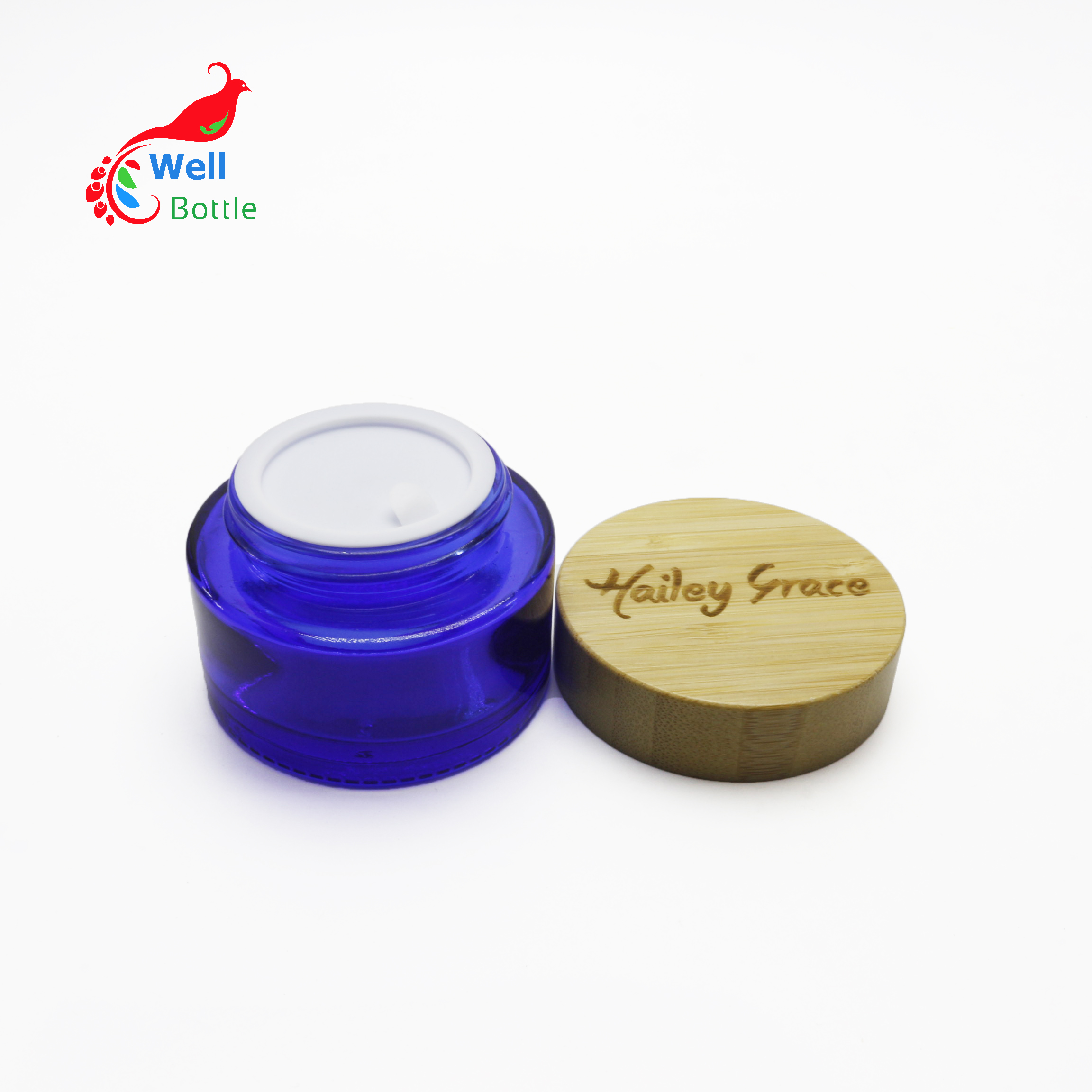 High quality frosted blue glass jars 30g 50g 100g natural skin care packaging contianer bamboo lids J026E
