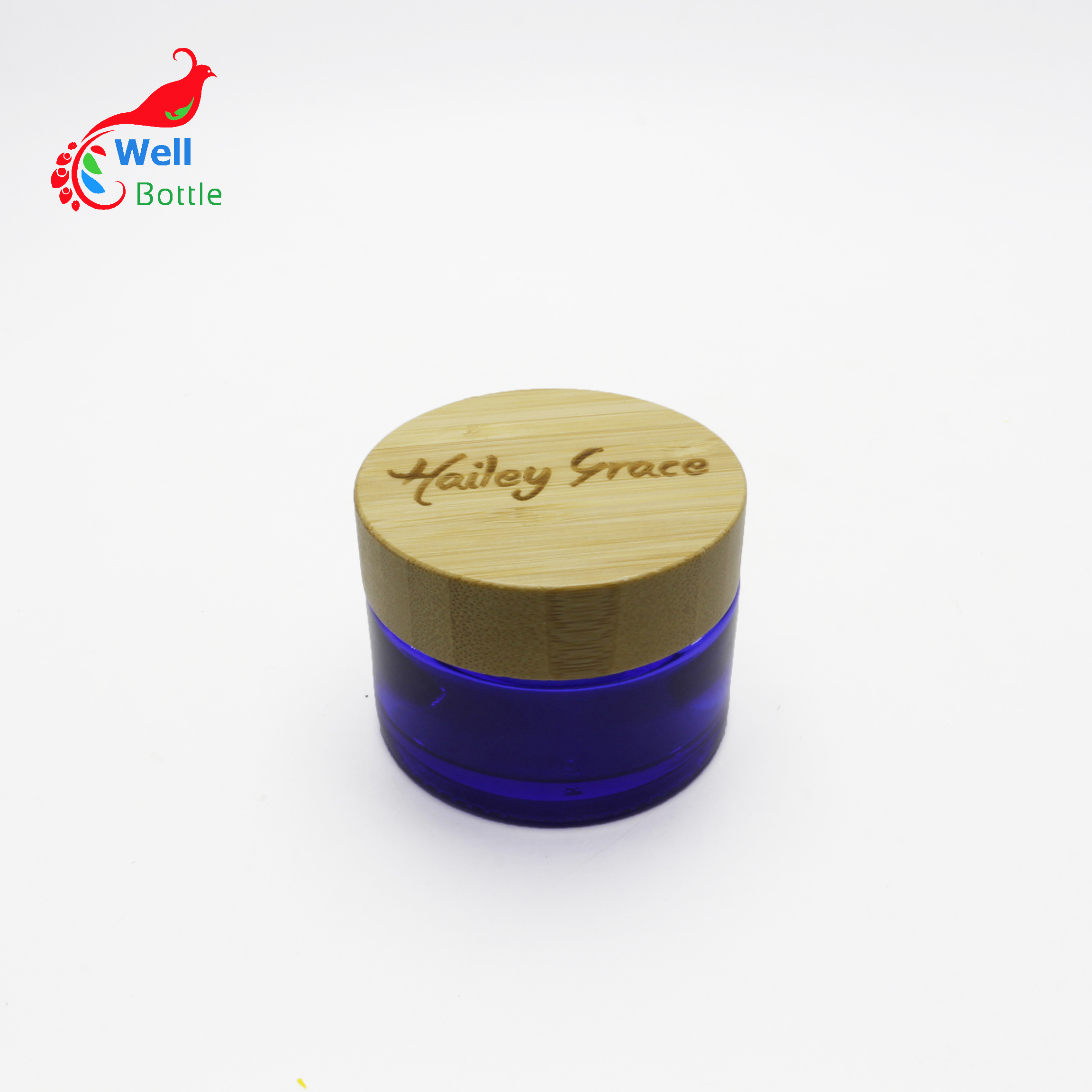 High quality frosted blue glass jars 30g 50g 100g natural skin care packaging contianer bamboo lids J026E