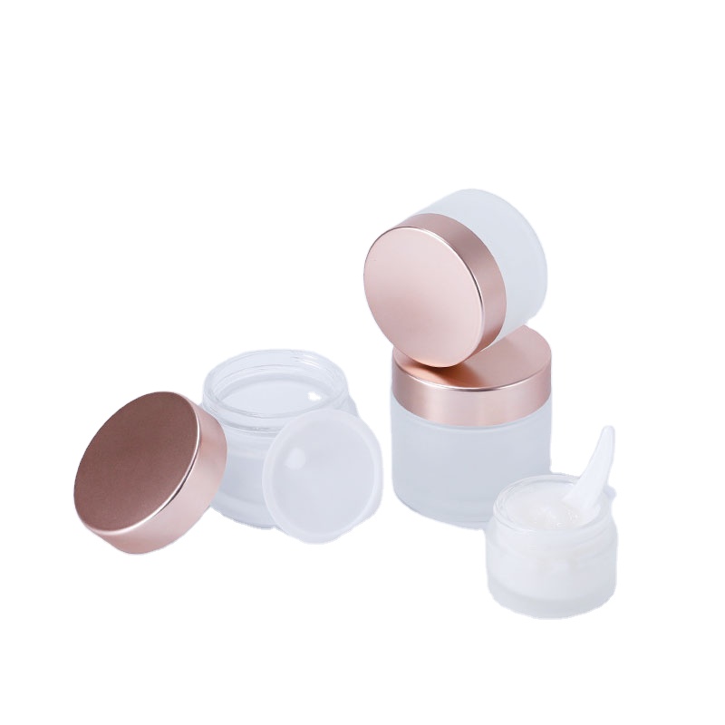 High quality frosted glass round cream container jars with rose gold lid