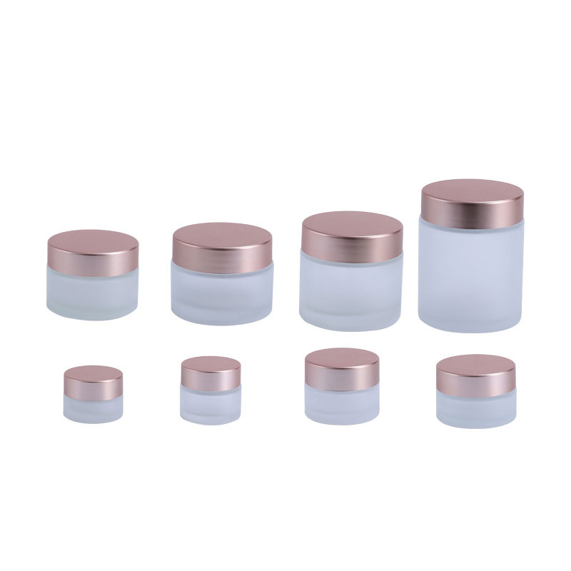 High quality frosted glass round cream container jars with rose gold lid