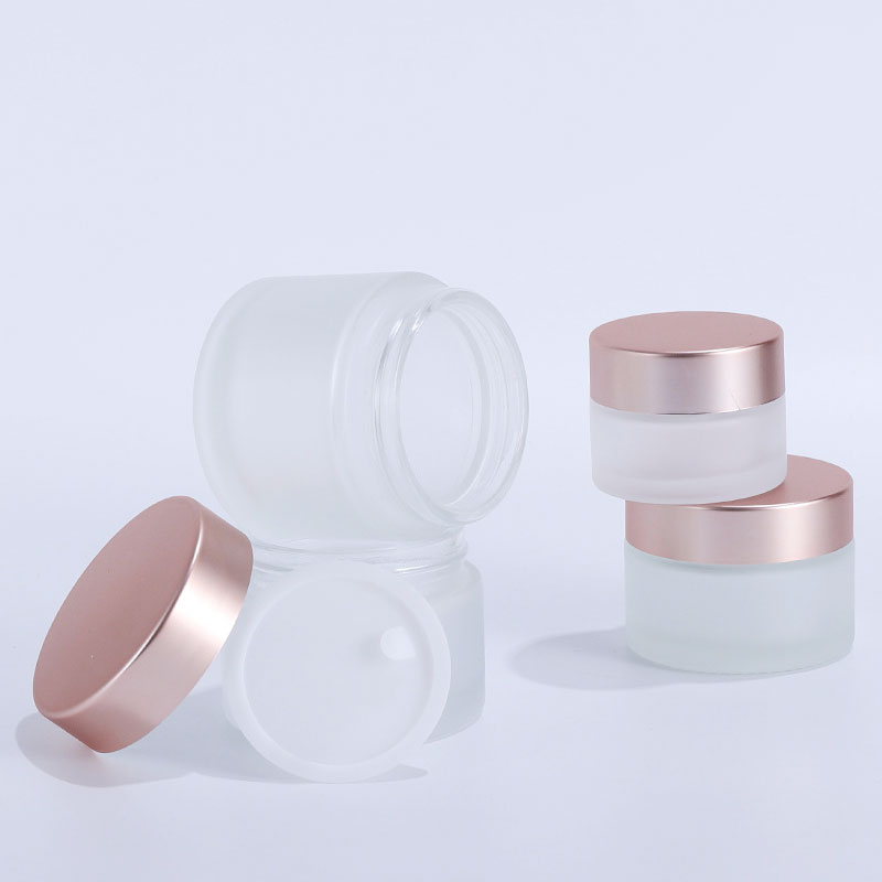 High quality frosted glass round cream container jars with rose gold lid