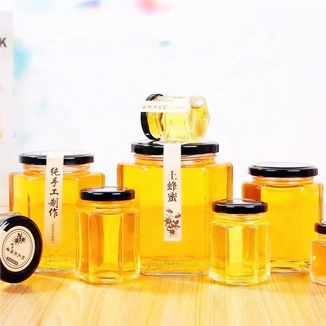 High quality hexagon food storage container honey jar glass 45ml 85ml 100ml 180ml 280ml 380ml 500ml 730ml