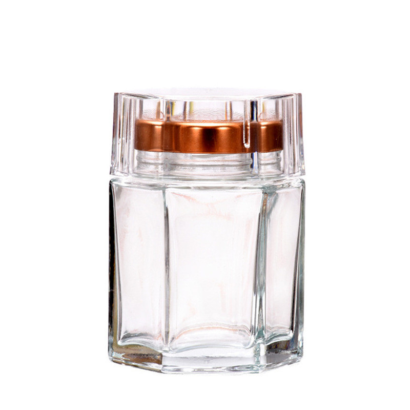 High quality hexagonal glass jar storage bottle honey jar with lid