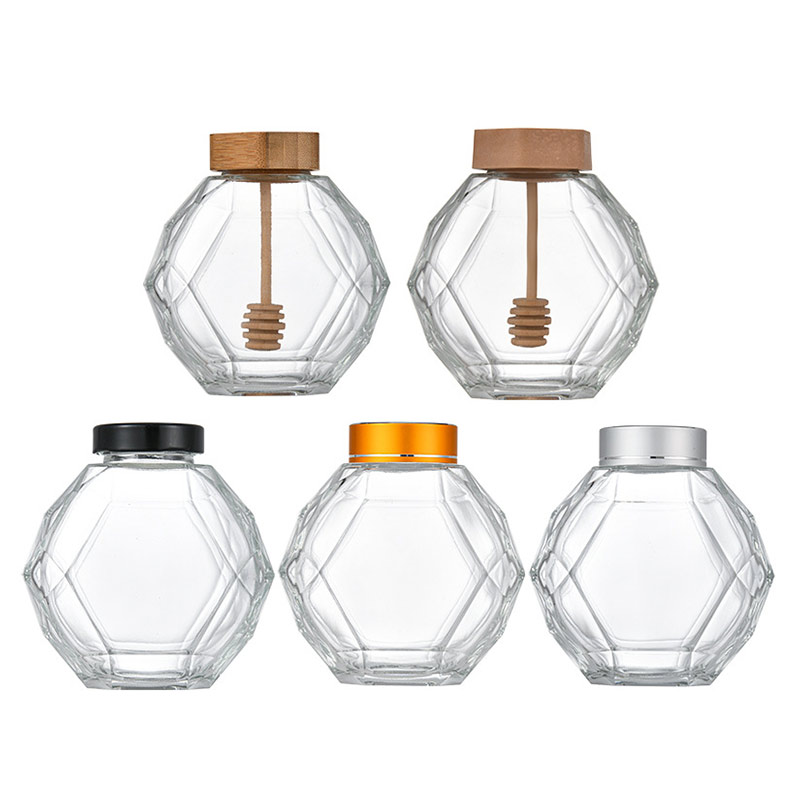 High quality luxury hexagon empty glass honey bottles diamond crystal glass jar with dipper