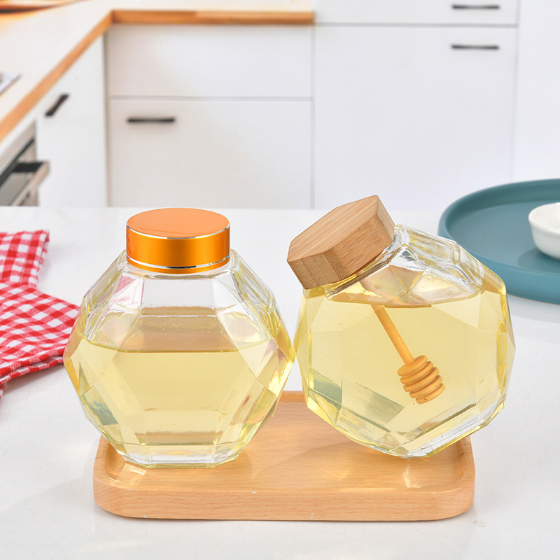 High quality luxury hexagon empty glass honey bottles diamond crystal glass jar with dipper