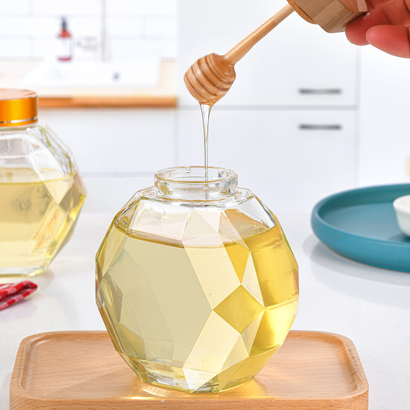 High quality luxury hexagon empty glass honey bottles diamond crystal glass jar with dipper