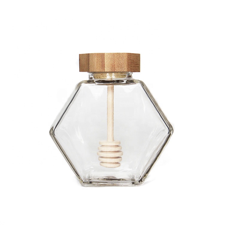 High quality luxury hexagon empty glass honey jar with dipper