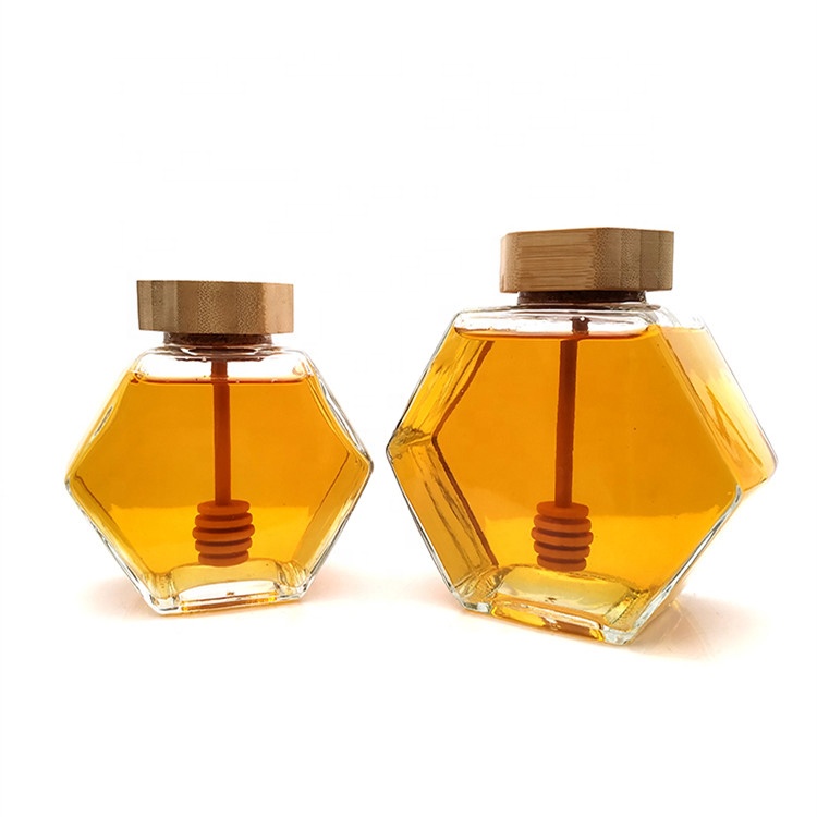 High quality luxury hexagon empty glass honey jar with dipper