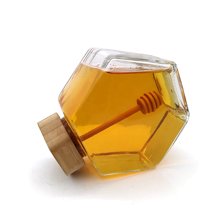 High quality luxury hexagon empty glass honey jar with dipper