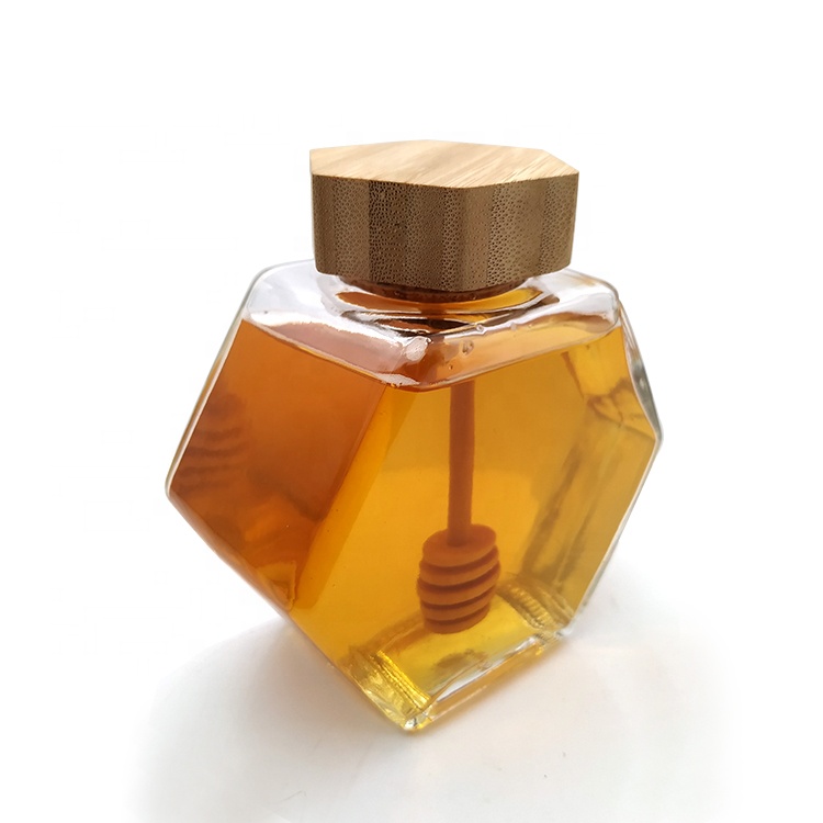 High quality luxury hexagon empty glass honey jar with dipper