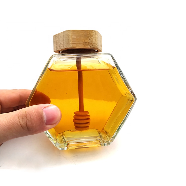 High quality luxury hexagon empty glass honey jar with dipper