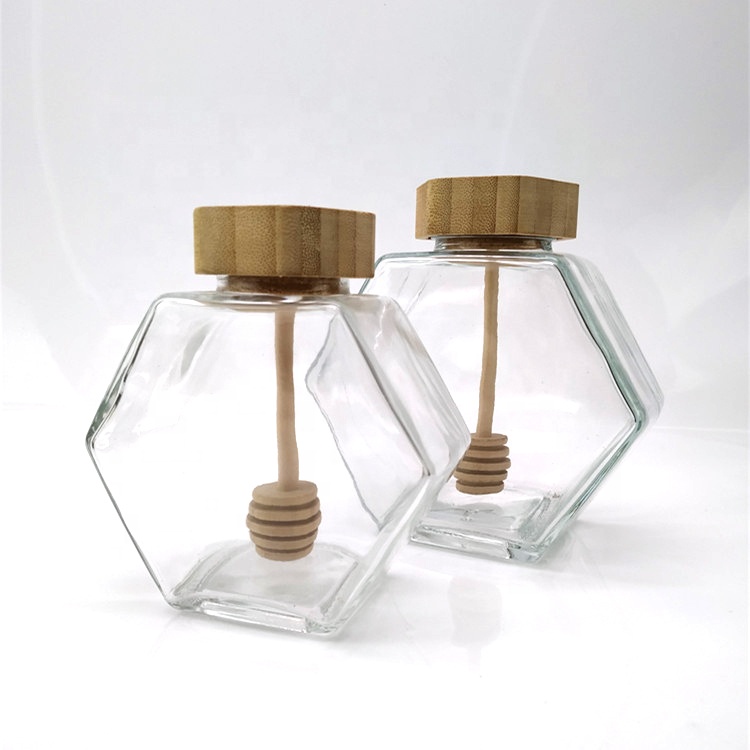 High quality luxury hexagon empty glass honey jar with dipper