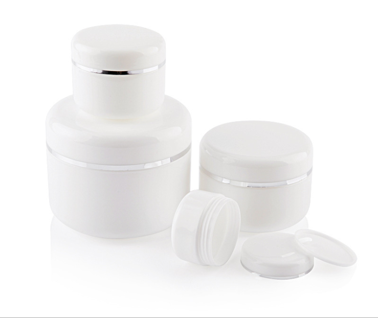 High quality  luxury white PP facial cream jar with silver edge cap
