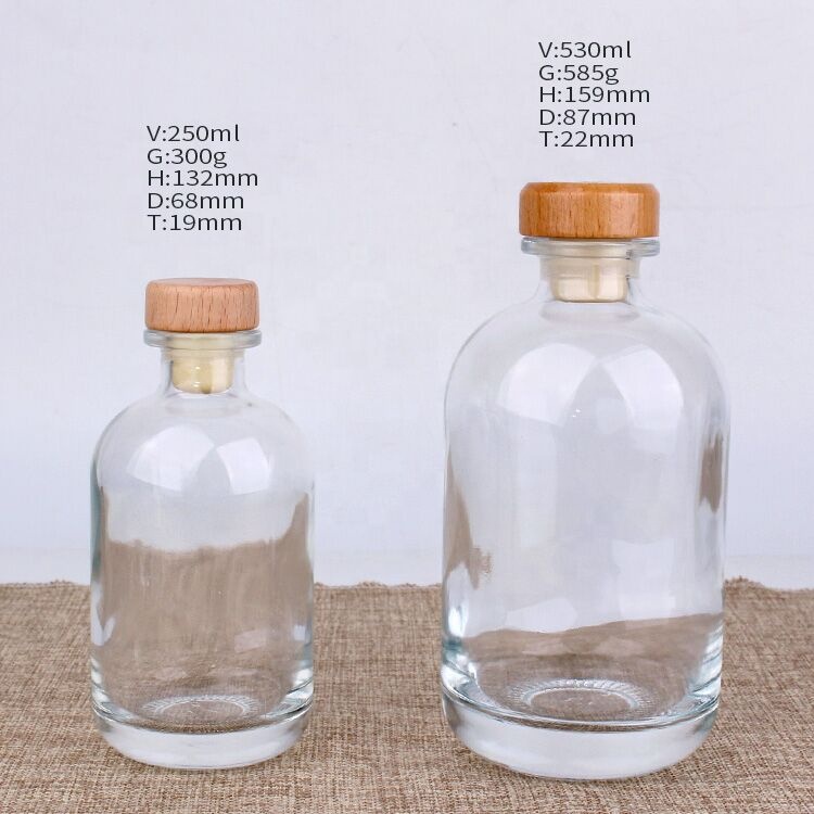 High quality round 250ml 500ml wine liquor glass bottle with synthetic cork stopper