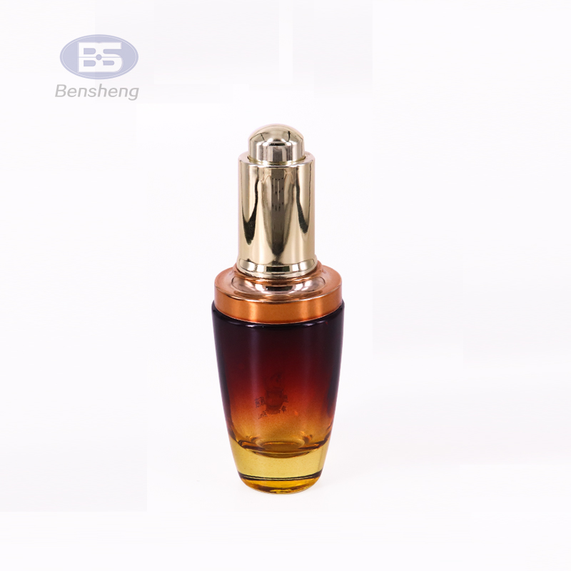 High quality round clear 30ml essential oil bottle gold silver glass press pump dropper bottle serum bottles