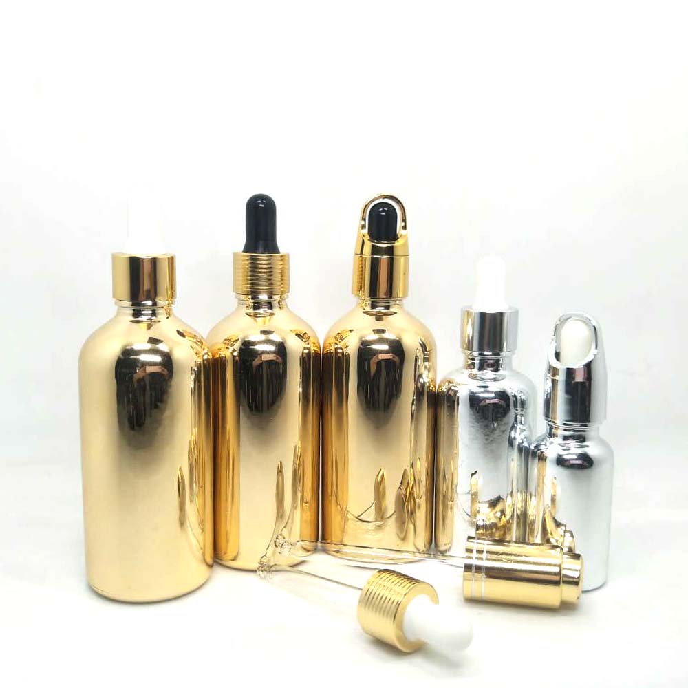 High quality silver and gold electro plated empty glass cosmetic bottle with dropper lid