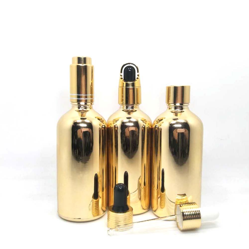 High quality silver and gold electro plated empty glass cosmetic bottle with dropper lid