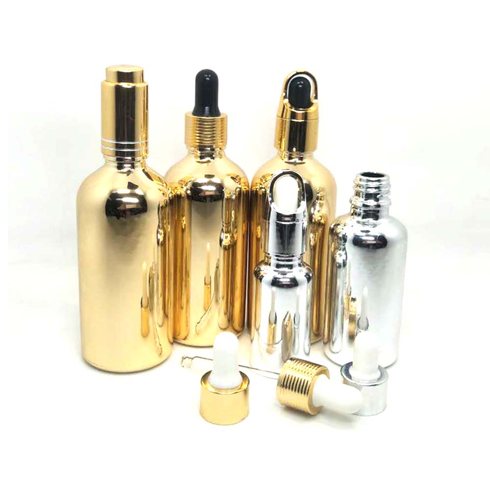 High quality silver and gold electro plated empty glass cosmetic bottle with dropper lid