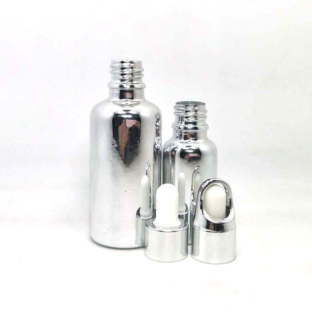 High quality silver and gold electro plated empty glass cosmetic bottle with dropper lid