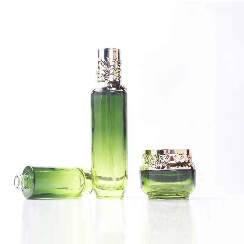 High quality small cosmetic cream round green 30ml 1 oz glass jar with black golden silver aluminum screw top lid