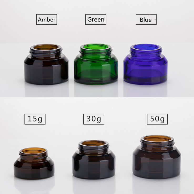 High quality small cosmetic cream round green 30ml 1 oz glass jar with green amber aluminum screw top lid