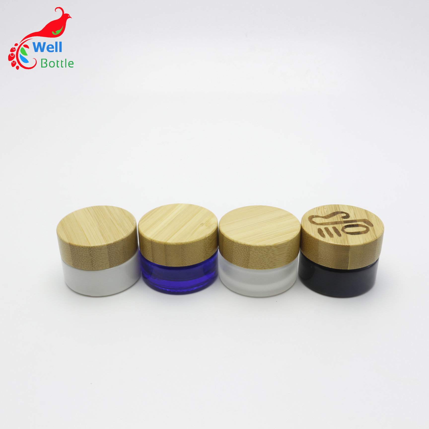 High quality small sample cosmetic jar bamboo 5g frosted clear white blue amber green black OEM glass cream jars J033E