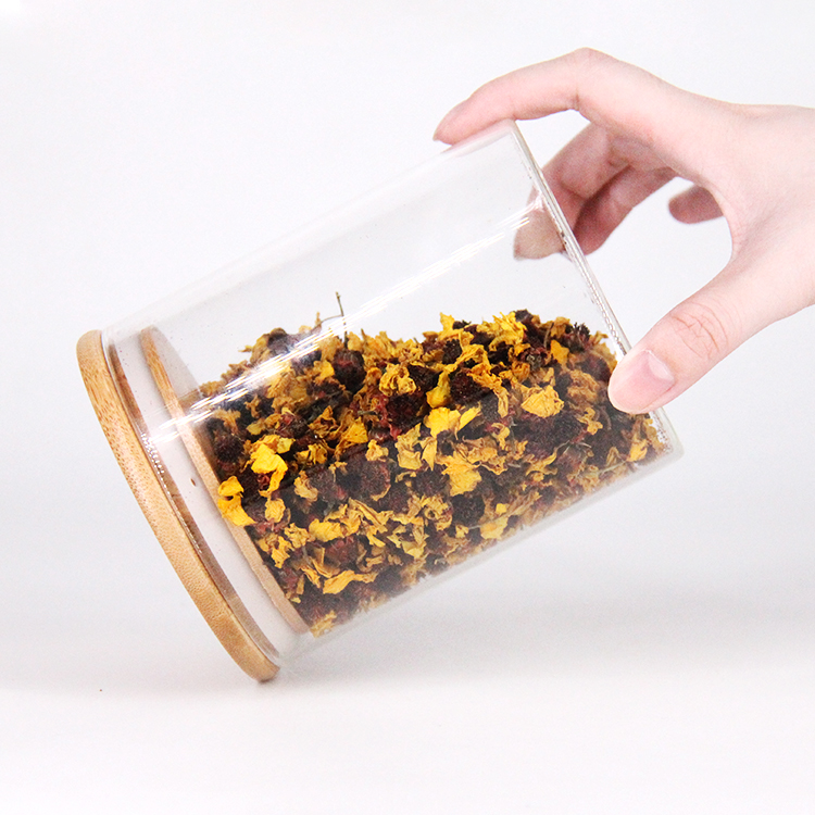 High quality spice metal container food high borosilicate kitchen glass storage jar with airtight wood lids