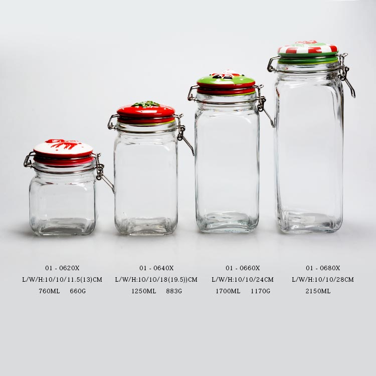 High quality square food vacuum safe glass storage jars with metal clip lid