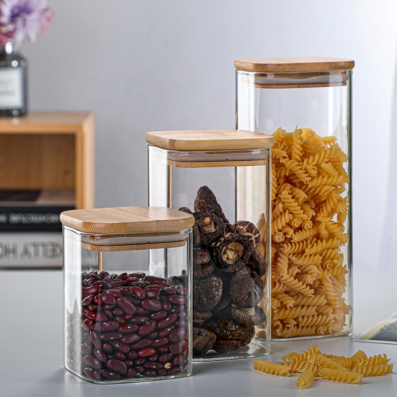 High quality square shape big size glass jarborosilicate glass food containerfood jar with beech wooden lid