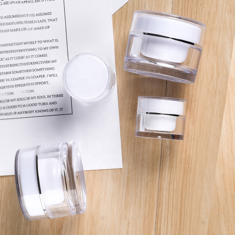 High quality stock product round shape 5g 10g 15g 20g 30g 50g white acrylic cream jar with silver edge