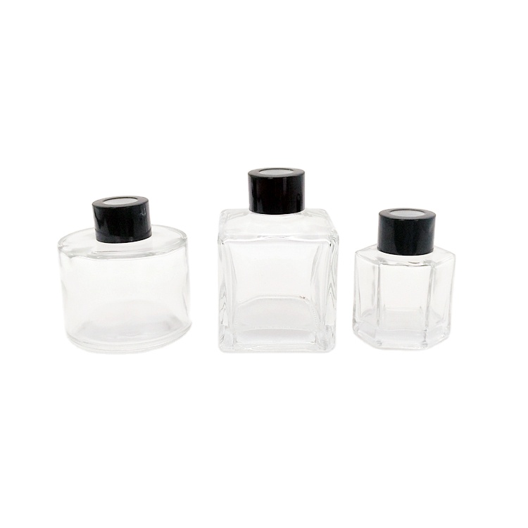 High quality transparent round square hexagon aromatherapy bottle glass jar with black plastic cap