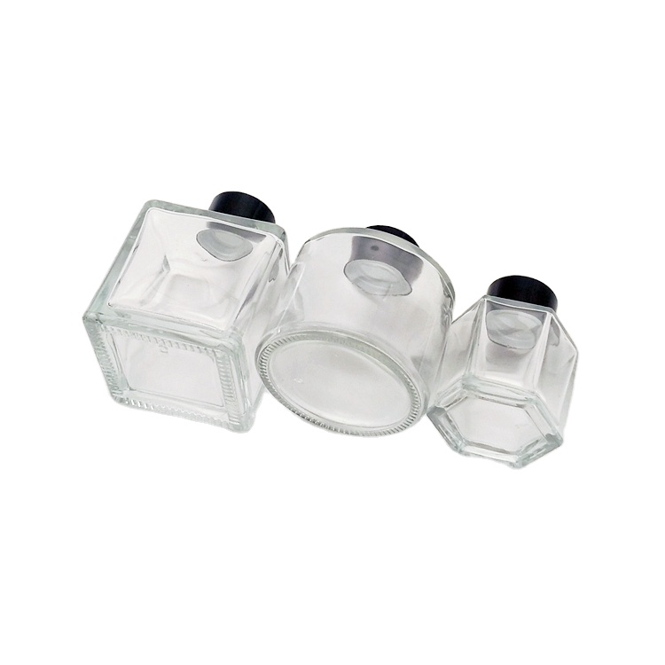 High quality transparent round square hexagon aromatherapy bottle glass jar with black plastic cap