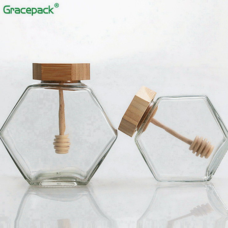 High quality wholesale glass jam jar for honey, hexagon honey glass jar