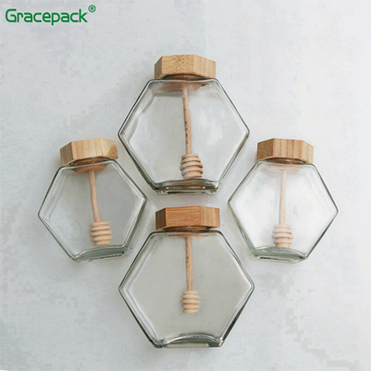 High quality wholesale glass jam jar for honey, hexagon honey glass jar