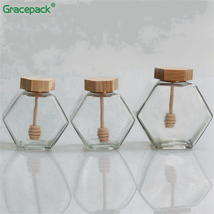 High quality wholesale glass jam jar for honey, hexagon honey glass jar
