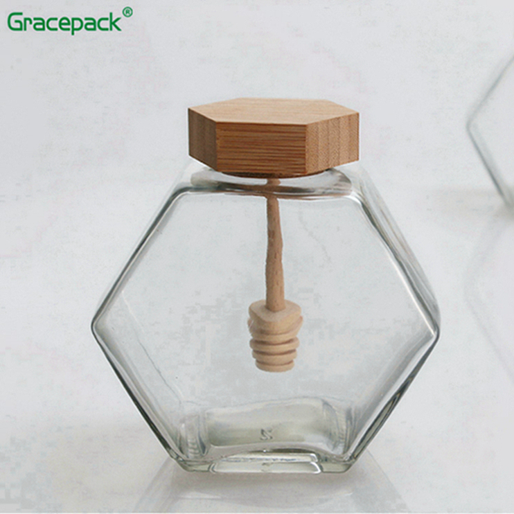 High quality wholesale glass jam jar for honey, hexagon honey glass jar