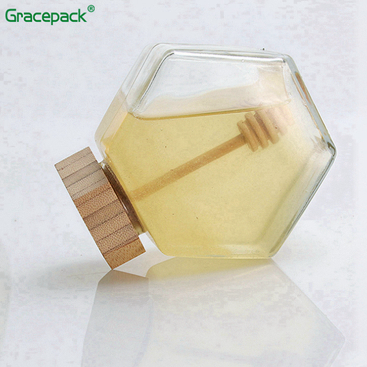 High quality wholesale glass jam jar for honey, hexagon honey glass jar