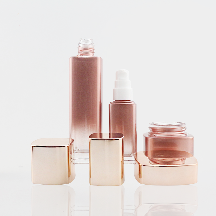 Hight quality cosmetic sets custom 50ml 120ml rose gold skin care oil lotion pump glass bottle for serum