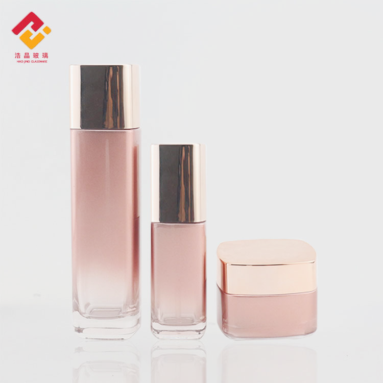 Hight quality cosmetic sets custom 50ml 120ml rose gold skin care oil lotion pump glass bottle for serum