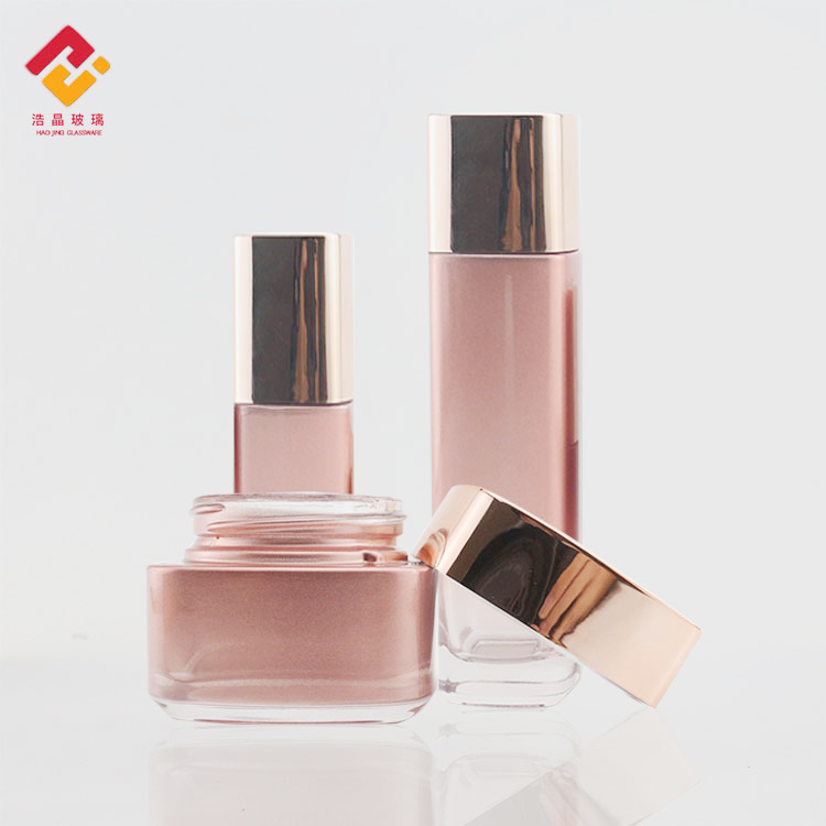 Hight quality cosmetic sets custom 50ml 120ml rose gold skin care oil lotion pump glass bottle for serum
