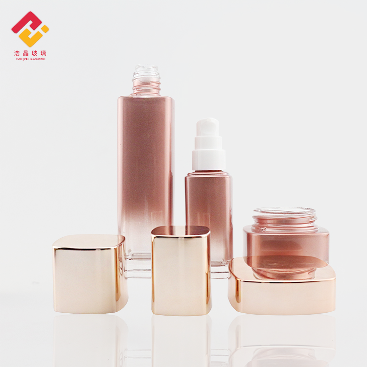 Hight quality cosmetic sets custom 50ml 120ml rose gold skin care oil lotion pump glass bottle for serum