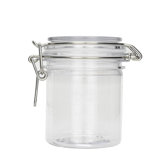 Hinged hermetically Sealed clamp bottle canister 100ml 200ml 250ml 500ml amber colored airtight plastic mason jars with lids