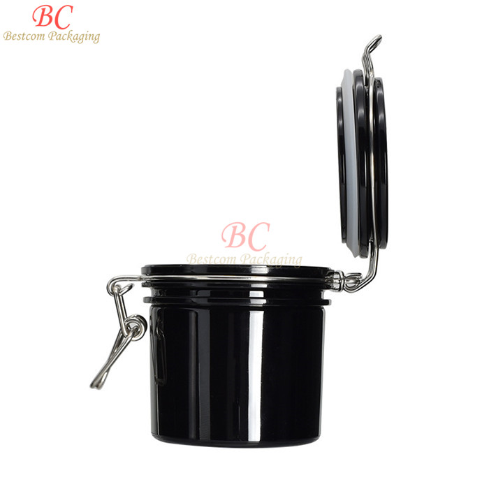 Hinged hermetically Sealed clamp bottle canister 100ml 200ml 250ml 500ml amber colored airtight plastic mason jars with lids