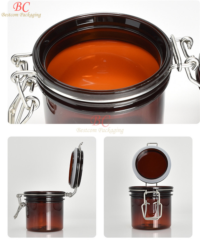 Hinged hermetically Sealed clamp bottle canister 100ml 200ml 250ml 500ml amber colored airtight plastic mason jars with lids