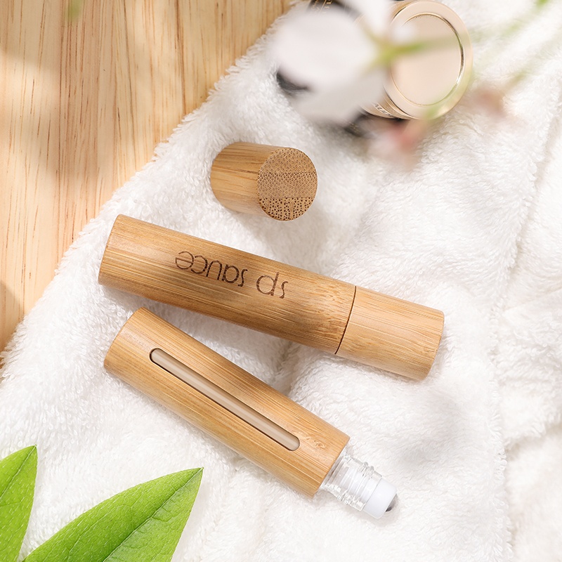 Hollow Window Bamboo Shell Clear Glass Roller Bottles Empty Refillable Essential Oil Roller Bottles