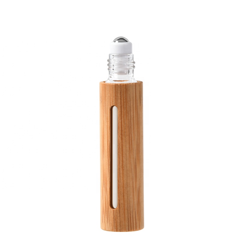 Hollow Window Bamboo Shell Clear Glass Roller Bottles Empty Refillable Essential Oil Roller Bottles