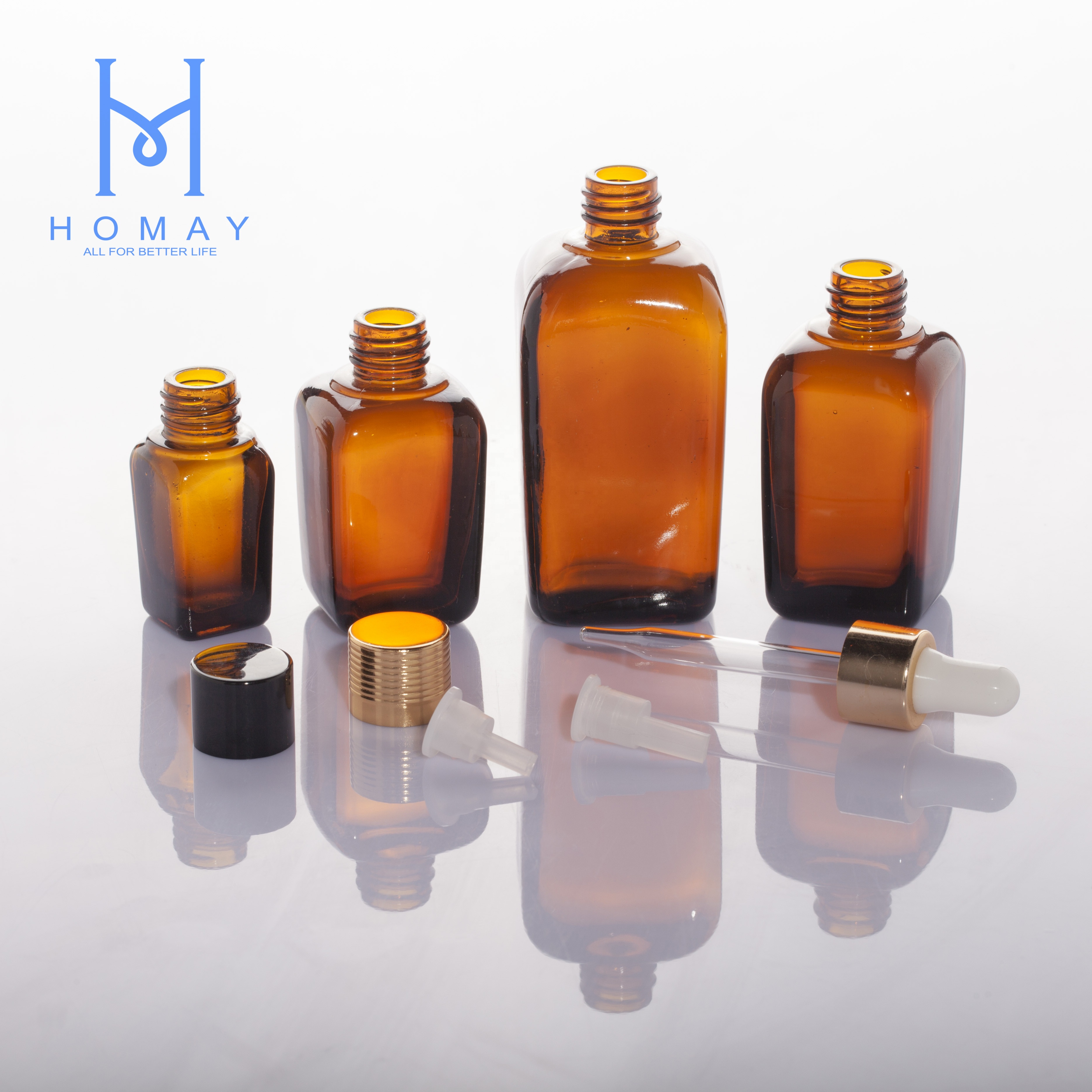 Homay hot sale cosmetic essential oil, perfume glass bottle packaging with dropper cap and spray pump