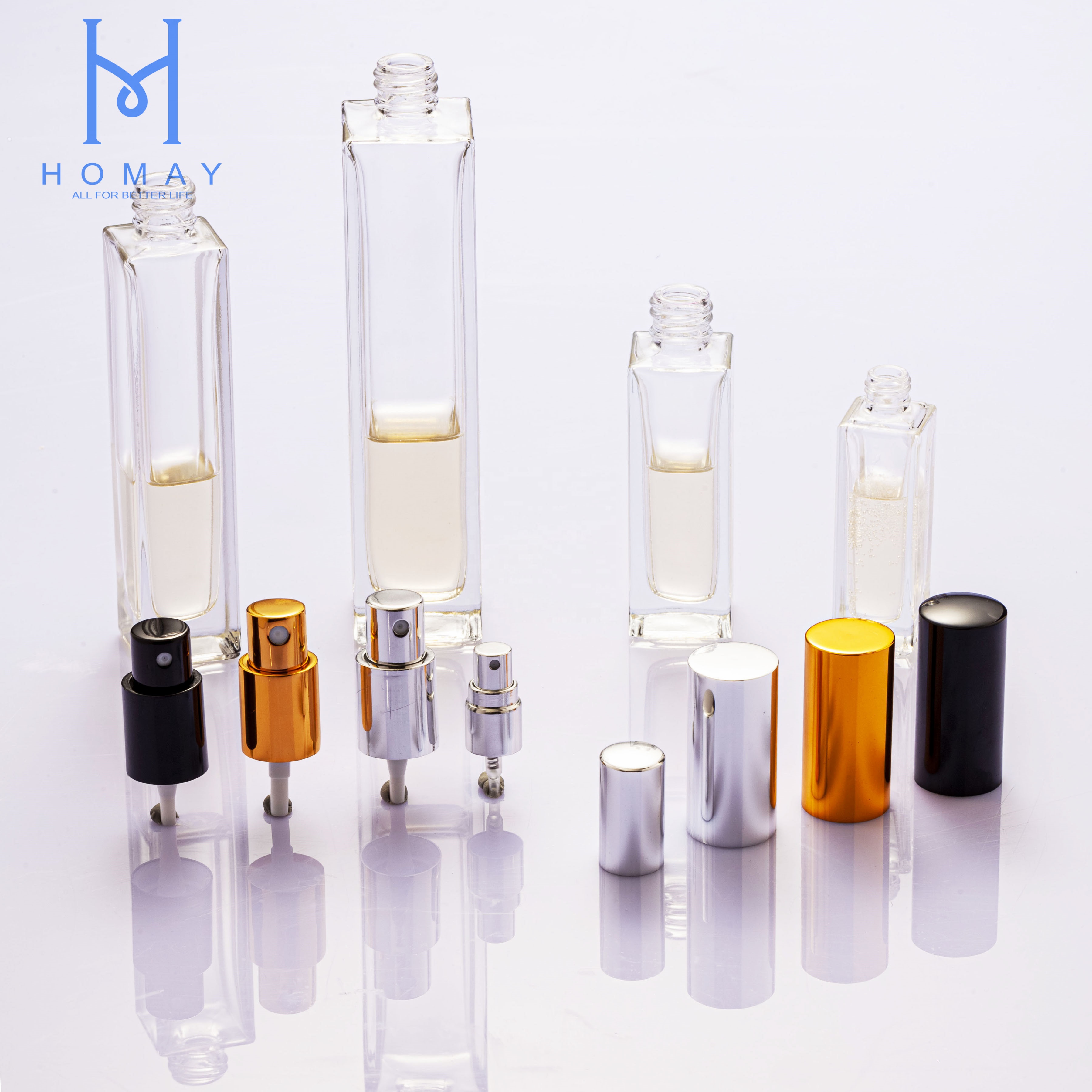Homay hot sale cosmetic essential oil, perfume glass bottle packaging with dropper cap and spray pump