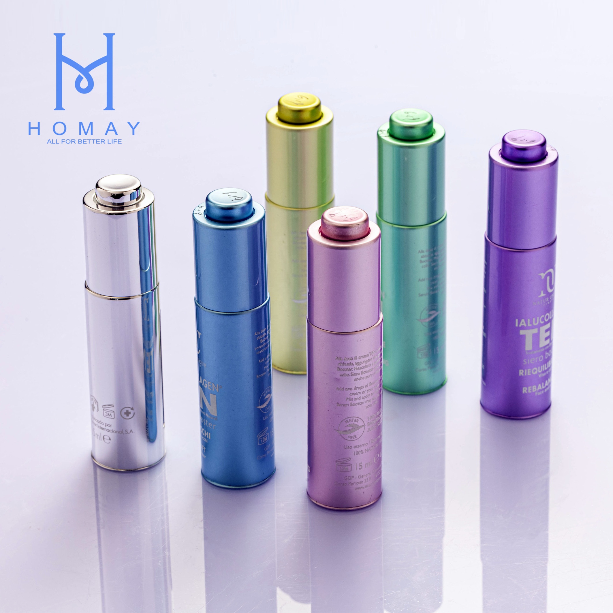 Homay hot sale cosmetic essential oil, perfume glass bottle packaging with dropper cap and spray pump